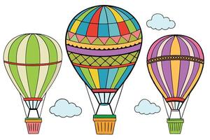Collection of artistic hot air balloon drawings with intricate patterns and bold colors, ideal for travel themes and whimsical designs vector