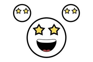 Cute and playful starry eyed emoji face in simple outline style, depicting happiness and excitement, line art icon set vector