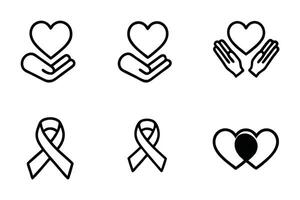 Hands holding a heart with ribbons as icons symbolizing compassion, care, and advocacy in a minimalistic line art style vector