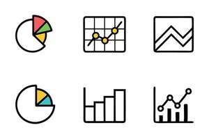 Colorful and minimalist pie charts, bar graphs, and line graph icons representing data analytics and statistics for presentations and business reports vector