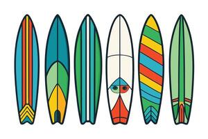 Set of uniquely designed surfboards with vibrant colors and patterns, ideal for summer, surf, and tropical themed illustrations vector