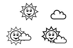 Cute happy sun and fluffy clouds in a playful cartoon design with line art style for weather or kids themed illustrations line art icon set vector