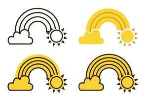 Line art icon set of rainbows, clouds, and sun showcasing elegant and minimalistic weather themed illustrations for decor and graphic design vector