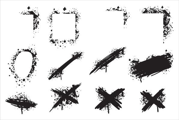 Graffiti spray print. Set of urban black splatter. Brush stain drop art. Abstract texture grungy element. Ink paint spot
