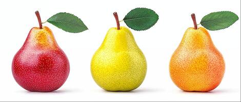Different types of pear with leaf and water drops isolated on white background, hight detailed upscaled image photo