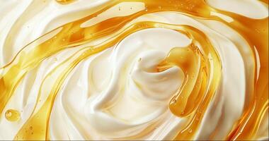 Yogurt swirl with honey close up, whipped cream texture, top view background photo