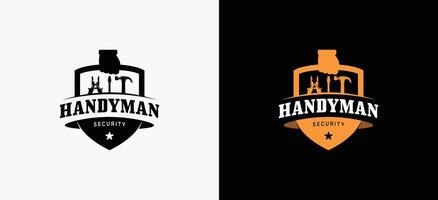 Handyman service logo design template, illustration of tool bag with shield symbol vector