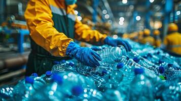 A worker in protective gear is sorting through a large pile of plastic bottles at a recycling facility. The environment is bright, showcasing the importance of recycling in waste management. photo
