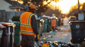 A worker in a reflective vest gathers litter in a residential area during sunset, surrounded by overflowing trash bins and scattered debris. photo