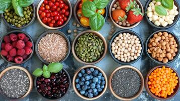A visually appealing display features various bowls filled with fresh fruits, nuts, and seeds, showcasing vibrant colors and textures. The arrangement invites exploration of diverse flavors. photo