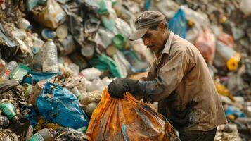 A worker is seen gathering plastic and other materials from a large accumulation of garbage in a landfill. photo