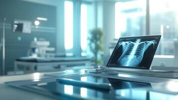 A modern medical examination room features a computer displaying an x-ray of a human chest. The setting is well-lit and organized, reflecting a professional healthcare atmosphere. photo