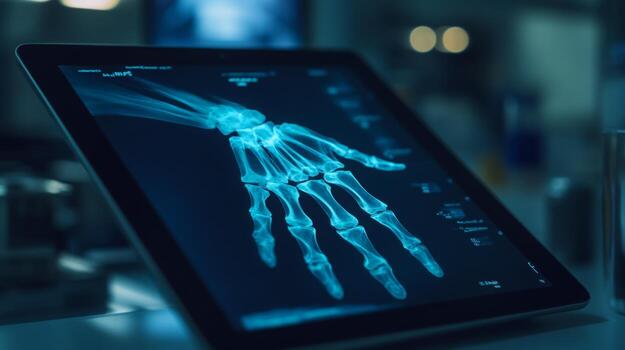 A digital tablet displays a clear X-ray image of a human hand, showcasing the intricate bone structure. The analysis is taking place in a busy medical environment, emphasizing advanced technology. photo
