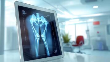 A digital display showcases a clear X-ray image of knees on a tablet device. photo