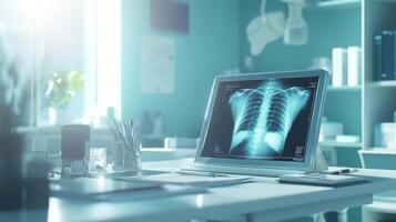 A medical workstation features a clear x-ray of a human chest displayed on a monitor. The room is well-lit, showcasing a clean, organized environment, suitable for patient diagnostics and treatment. photo