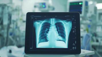 A digital x-ray of the chest is presented on a tablet, showing clear images of the lungs for medical analysis. This setting is part of a contemporary healthcare facility. photo