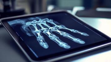 A high-resolution x-ray showing the bones of a human hand is displayed on a tablet. This advanced technology illustrates the clarity of medical imaging in a healthcare environment. photo