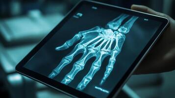 A medical professional is analyzing x-ray images of a human hand displayed on a digital tablet. The focus is on the intricate details of the skeletal structure, emphasizing health evaluation. photo