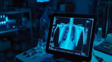 A medical x-ray scan of a patient's chest is shown on a monitor in a clinical setting. The blue light illuminates the room, enhancing the view of the ribcage and lungs for analysis. photo