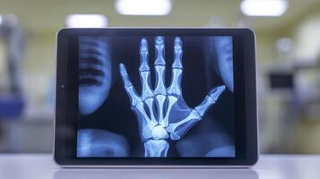 A hand x-ray is shown on a tablet screen in a medical facility. The skeletal structure is clearly visible, providing essential information for diagnosis and treatment. photo