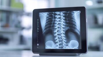 An x-ray of the spine is viewed on a tablet device in a medical environment. The detailed image highlights vertebral alignment, assisting doctors in diagnosing conditions. photo
