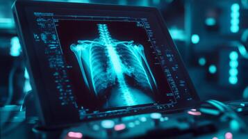 High-tech tablet presents a chest X-ray that reveals detailed anatomical features of the human lungs and ribcage. The display is set in a modern medical environment with advanced equipment. photo