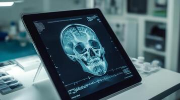 A detailed x-ray scan of a human skull is shown on a tablet in a medical environment, highlighting the brain structure. The setting is equipped with medical instruments and technology. photo