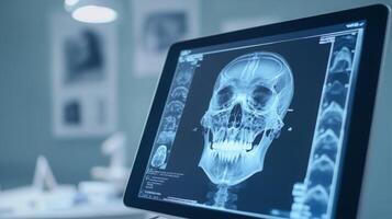 A digital display shows a close-up x-ray of a human skull, revealing intricate details of dental structures and skeletal features. photo