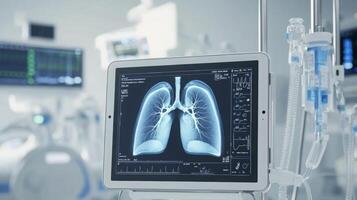 A digital tablet displays a high-resolution x-ray of human lungs in a state-of-the-art medical environment. Surrounding monitors show vital patient information and real-time activity. photo
