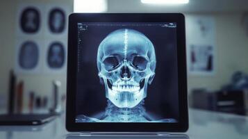 In a medical clinic, an x-ray of a human skull is prominently displayed on a tablet screen, showcasing detailed bone structure. This high-resolution imaging supports diagnostic procedures. photo