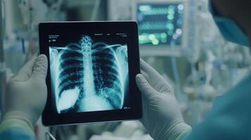 A medical professional in scrubs examines a chest x-ray displayed on a tablet while in a modern hospital setting. The background shows medical equipment and monitors. photo