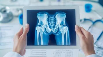 A doctor examines an x-ray of the hip joint displayed on a tablet. The setting reflects a modern medical office with various medical instruments and documents visible in the background. photo