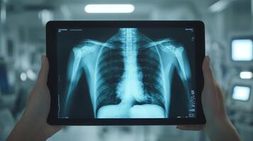 A medical professional holds a tablet displaying a chest x-ray in a clinical setting. The x-ray shows detailed imagery of the lungs and shoulders, highlighting areas of interest for further analysis. photo