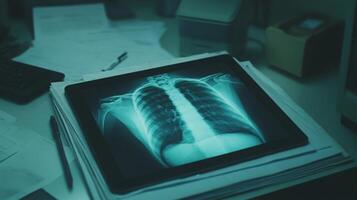 A digital x-ray of the thorax is shown on a tablet, resting among files and paperwork in a medical office. The x-ray highlights the rib cage and internal structures, aiding diagnosis. photo