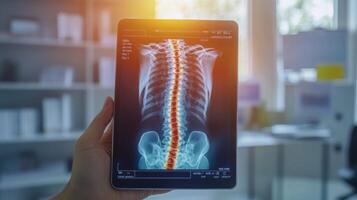 A hand holds a tablet displaying a detailed x-ray of the human spine in a medical setting. photo