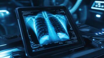 A digital x-ray of a human chest is clearly visible on a tablet device placed on a smooth surface, in a modern medical environment. photo