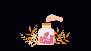 Donating Money with Love Transparent Background on Alpha Channel 2D Animation. Giving Money in A Bottle for Charity, Donation, or Savings. Motion Graphics Flat Cartoon Animated. video