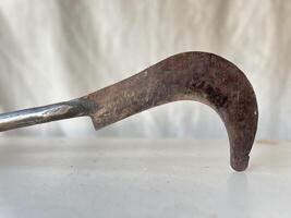 Old metal hand tool with a curved hook displayed on a white background photo