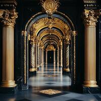 A hallway with gold and black columns photo