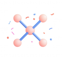 Stylized molecular structure illustration with colorful elements surrounding it. png