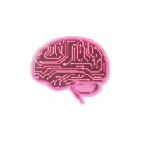 Futuristic brain illustration with circuit patterns in neon pink color on black background. png