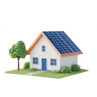 Eco-friendly house with solar panels surrounded by greenery and blue sky. png