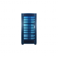 Modern server rack with blue lighting for data center efficiency and reliability. png