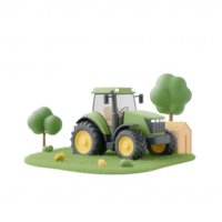 A colorful 3D tractor in a green landscape surrounded by trees and small hills. png