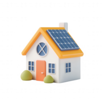 A modern house with solar panels and green landscaping, symbolizing sustainability. png