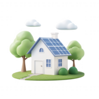 A modern eco-friendly house with solar panels and lush greenery surrounding it. png