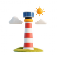 A colorful lighthouse standing tall under a sunny sky with clouds and grass. png