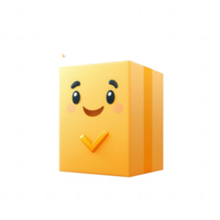 A cheerful cartoon box character with a friendly face and a check mark symbol. png