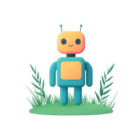 A cheerful robot standing in a green field surrounded by grass and nature. png