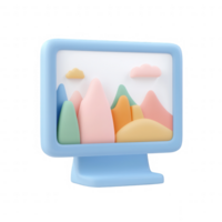 A colorful 3D illustration of a computer monitor displaying abstract mountains. png
